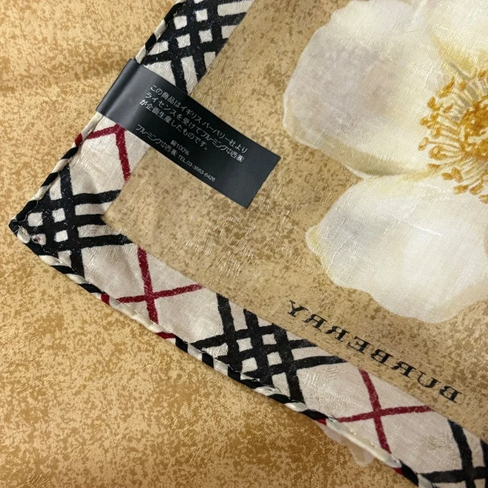 BURBERRY Scarf Handkerchief Floral Cotton Tan 19x19